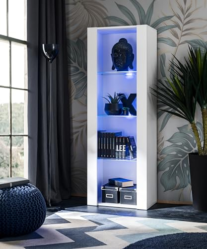 Komodee, Vitrine Schrank Tivoli, Weiß/Weiß, Breite 55cm x Höhe 159cm x Tiefe 35cm, LED Blau, 3 Regalböden, Glassvitrine für Wohnzimmer, Schlafzimmer, Eingang