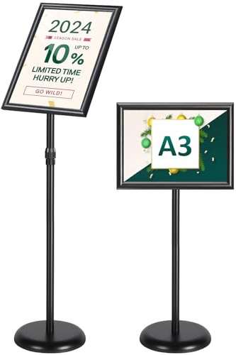 WenYa A3 Sign Holder Adjustable Aluminium Poster Stand Interchangeable Advertising Stand Floor Display with Stable Round Base