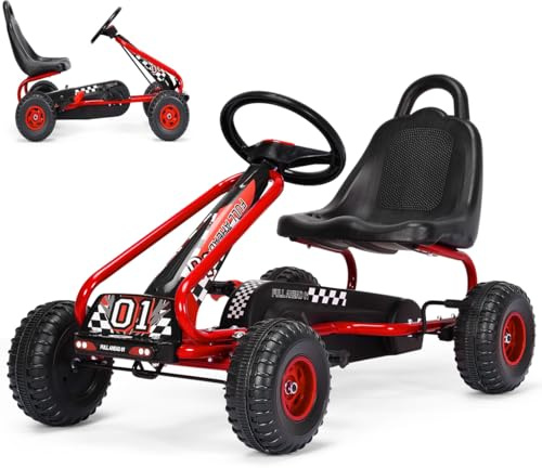 SOARS Voiture Enfant, Kart a Pedale avec Sièges Réglables en 2 Positions et 4 Roues Antidérapantes, Marche Avant et Arrière, Frein à Main, Charge Maximale 30kg, Cadeau Enfant 3-6 Ans, Rouge