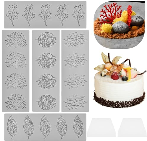 5 Pièce Moule en Dentelle En Silicone, Moule Silicone en Forme de Feuille avec 2 Racleurs, Moule en Dentelle Fondante pour Chocolat, Fondant, Décoration de Gâteaux, Desserts, Fruit