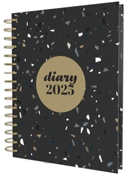 Collins Scandi - Agenda 2025, diario A5 día por página con citas, color terrazo negro (E-PW51.BLTZ-25) - Agenda diaria con tapas de alambre de tapa dura y papel reciclado
