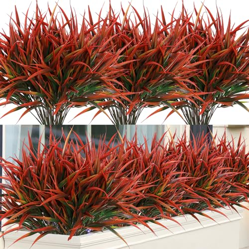ASTNIC 8pcs Artificial Grass Plants Outdoor Fake Grass Greenery Stems UV Resistant Faux Plastic Plants Shrubs for Spring Summer Home Window Garden Patio Box Pathway Front Porch Decor(Red)