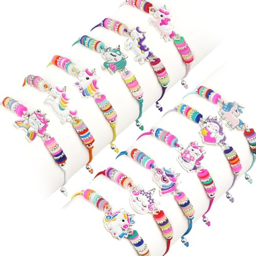 AUAUY 12PZ Braccialetti Amicizia Bambini, Braccialetto per Bambini Tessuti Unicorno Regolabile, Regalini Compleanno per Bambini, Bomboniere per per Festa Compleanno Regalo Gioielli Ragazza