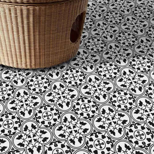 Alwayspon Vinyl Flooring, Black and White Pattern Self Adhesive Stick on Floor Tiles Transfer for Bathroom Kitchen, Splashback, Peel and Stick Vinyl Flooring Tiles Sticker, 12PcsX20cm/8inch