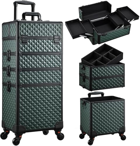Maleta Maquillaje 4 en 1 Maletin Maquillaje Rueda de Gran Capacidad Caja Maquillaje Maletin de Cosméticos portátil con Cerradura Organizador de Maquillaje, Verde Oscuro