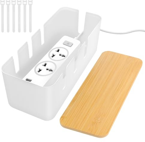 QOUBNIC Boîte De Rangement pour Câbles, Cache Cable Boite Rangement Cable avec Couvercle en Bambou, Cache Prise Electrique pour Organiser Les Câbles Et Les Dissimuler (Blanc)
