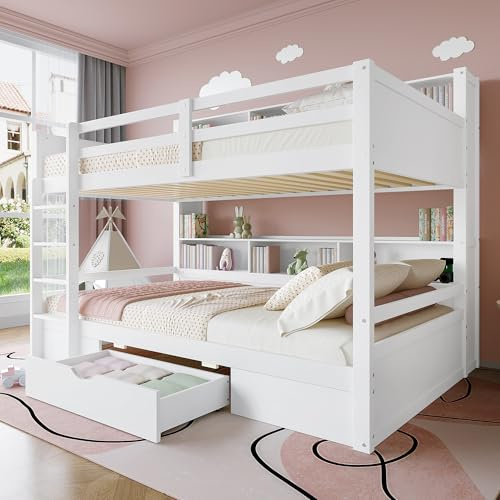 Huayz Letto a castello per bambini, 90 x 200 cm, per 2 bambini, letto a soppalco con cassetti, letto con scala, struttura in legno con rete a doghe e protezione anticaduta, senza materasso