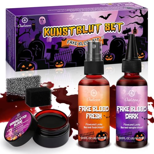 Oukzon Faux Sang Halloween Set, 60ml Spray Sang + 60ml Réaliste Faux Sang + 30g Plasma Coagulé, Maquillage Halloween Faux Sang Lavable pour Zombie, Vampire, Cosplay, Maquillage de Clown de Théâtre