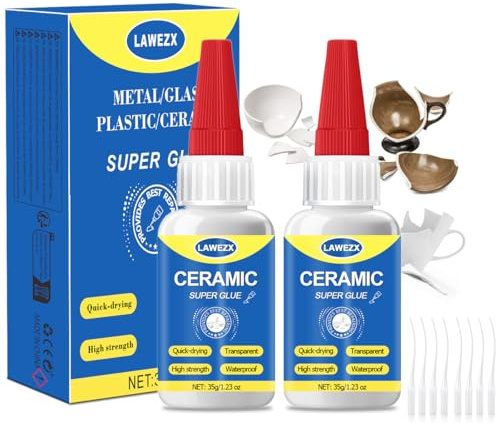 Colle Céramique Extra Forte 35g x2, LAWEZX Colle Instantanée Liquide pour Céramique & Porcelaine - Transparente, Imperméable, Résistant à la Chaleur, Super Adhésif pour Vaisselle, Carrelage, Poterie