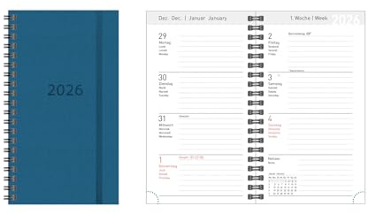 Idena 12089 – fickkalender 2026 i formatet 8,7 x 15,3 cm, 1 vecka på 2 sidor, möteskalender med hårt omslag i blått och spiralbindning