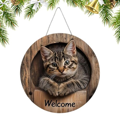 Cartel De Bienvenida Para Puerta Principal - Letrero De Bienvenida De Madera Para Puerta De,Detalle Decorativo Plano 2D Con Tema De Gato Para Regalo De Inauguración | Para Interior Exterior Ca