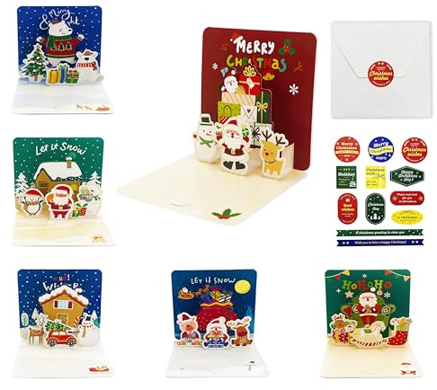 Xcdhemde® 6 stycken 3D Julkort med Kuvert och Klistermärken | Popup Christmas Cards, Mini Jul Gratulationskort för Barn, Familj, Vänner- 10x10cm
