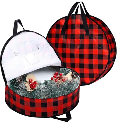 Organizador de coronas navideñas – Bolsa de almacenamiento con cremallera de 70 cm, portador protector decorativo a cuadros, caja de corona reutilizable con asa, almacenamiento de decoración navideña