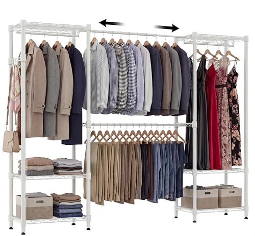Himimi Burro de Ropa Metálico Resistente, Armario Ropero Abierto con 4 Barras Colgador y 6 Estantes Regulables, Perchero de Pie Telescópico para Dormitorio Vestidor, 35×(175-240)×180cm, Blanco