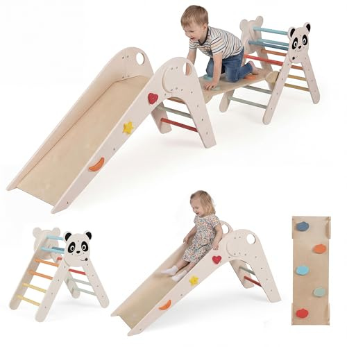 RELAX4LIFE 4 in 1 Triangolo da Arrampicata, Arco da Arrampicata in Legno con Scala e Scivolo, Rampa a Doppia Faccia, Triangolo Giochi Montessori per Bambini 3+Anni (Beige)