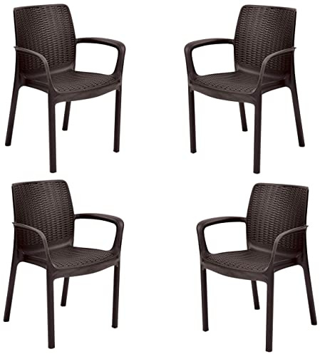 Keter Bali - Pack x4 Silla jardín para Interior y Exterior con reposabrazos Ideal para Jardines y terrazas, apilable, Resina con Acabado de ratán Plano, Color Marrón
