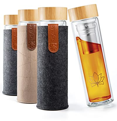 REFYLL Teeflasche mit Filter “teaFyll” 450ml I Teeflasche mit Sieb to Go 0,5l für warmen & kalten Tee I Doppelwandige Glasflasche aus Borosilikatglas + Fruchteinsatz für Eistee & Infused Water
