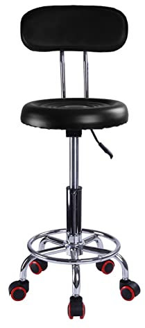 XJYMCOM Round Rolling Swivel Salon Stool with Back Support, PU Leather Seat, Adjustable Hydraulic Gas Lift, Footrest for Shop Office and Home (Black)