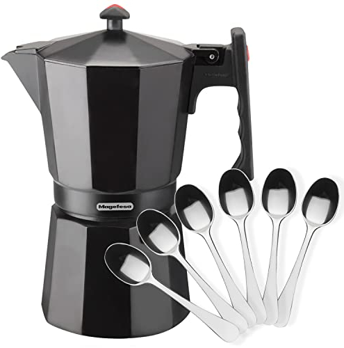 MAGEFESA Colombia Noir - Cafetera Italiana de 3 Tazas, 150ml, Incluye 6 Cucharas Moka, Aluminio Extra Grueso, Todo Tipo de Cocinas, EXCEPTO INDUCCIÓN