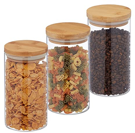 Relaxdays Vorratsgläser mit Bambusdeckel, 3er Set, runde Vorratsdosen aus Glas, 1000 ml, luftdicht, transparent/natur, 18 x 10 cm