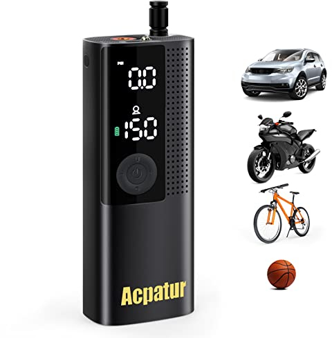 Acpatur Elektrische Luftpumpe 150PSI Fahrradpumpe Kompressor mit Deflationsfunktion, Große Dual-Display-Bildschirme, Geeignet für Auto, Fahrrad, Motorrad, Basketball, Football