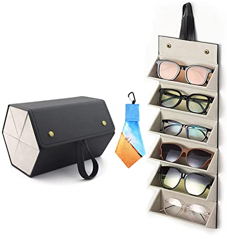 gotosee Sonnenbrillen-Organizer mit 6 Fächern, faltbare Brillenetuis Aufbewahrungsbox mit Karabiner, superweiches Reinigungstuch für Damen und Herren