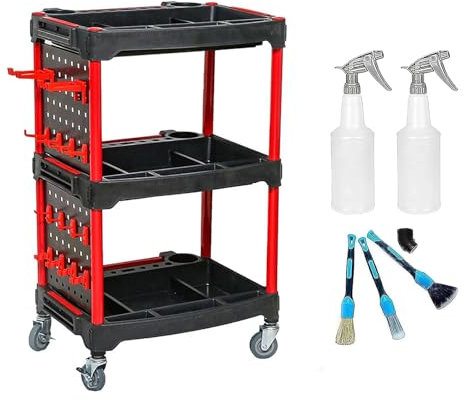 3-Level Workshop Tool Trolley, Car Washing Service Cart on Wheels, Car Beauty/Wash/Wax Trolley, Heavy Duty Utility Metal Rolling Cart for Garage, Warehouse, DIY Storage Service Cart Holds up to 200KG