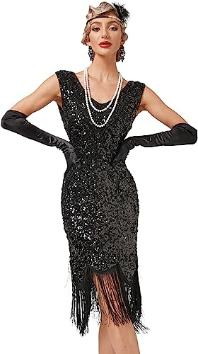 Odizli - Abito da donna vintage con paillettes glitter anni 20 flapper con frange, senza maniche, scollo a V, sexy, per matrimonio, festa, cocktail, Nero , XL