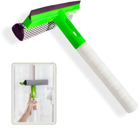 Limpia Cristales 3en1 rasqueta de Goma+Esponja limpiadora +depósito para Rellenar con líquido Limpiador. Limpiacristales Multiusos para el hogar, Coche u Oficina. (Verde)