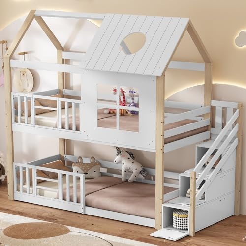 FEZTOY Kinderbett Etagenbett 90 x 200, Hausbett für 2 Kinder, Hochbett mit Lattenrost, Treppe und Rausfallschutz, Baumhaus Bett mit Fenster und Dach, Kiefer+MDF, Ohne Matratze