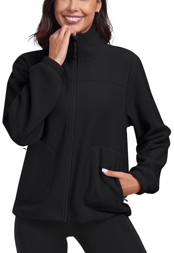 MoFiz Giacca in pile da donna con chiusura lampo su tutta la lunghezza, colletto alto, per la ricreazione e l'escursionismo Nero M
