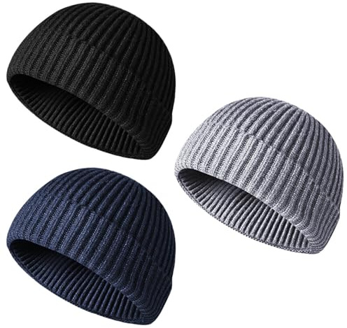 Bonnet Homme, Bonnet Tricoté, 3 Pièces Bonnets Homme Hiver, Taille Unique, Ultra Épais et Doux, Unisexe, Chaud pour l'hiver（Noir, Gris Clair, Bleu Foncé）