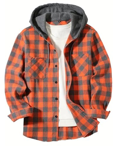 Chemise en flanelle pour homme - Avec capuche - Loisirs - Manches longues - En coton - Chemise de bûcheron - Chemise à carreaux en flanelle - Chemise de loisirs légère - Chemise traditionnelle