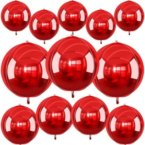 12Pcs Red Round Foil Balloons, 22 15 10 4D Ball Balloons, Metallic Red Foil Balloon for Wedding Birthday Graduation Christmas New Year Party Decoration Supplies Backdrops