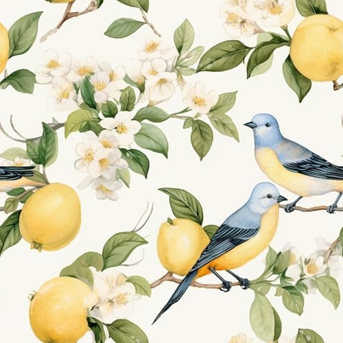 VEELIKE Vintage tapet citron fågel fototapet blommor mönster tapet 44,5 cm x 300 cm självhäftande tapet kök badrum fototapet sovrum skåp avtagbar väggdekoration vardagsrum