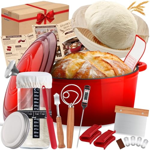 Enameled Cast Iron Dutch Oven Pot with Lid, Incl. Sourdough Bread Baking Supplies Like Banneton Bread Proofing Basket, Starter Jar, Bread Lame, 5QT Dutch Oven for Bread Baking, Oven Safe up to 500°F