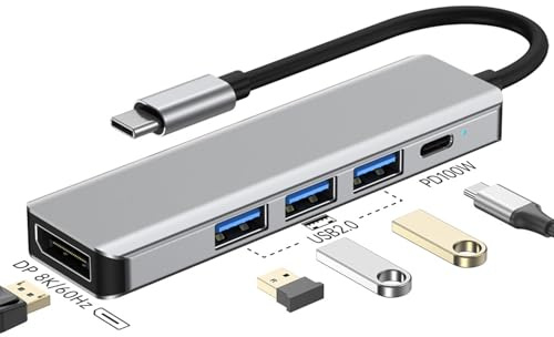 5-i-1 USB C-hubb, typ C till DisplayPort 8K60Hz multiportadapter med 3 USB2.0-portar, 100W PD för MacBook Air/Pro, iPad, HP, Dell, Surface Book (5-i-1-hubb med DP 8K60Hz)