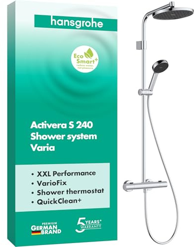 hansgrohe Activera S - sistema de ducha ahorro de agua (EcoSmart+) con termostato, ducha lluvia (240 mm) con grifo, ducha de mano (2 tipos de chorro), flexo, barra, ducha fija redonda, cromo, 28083000