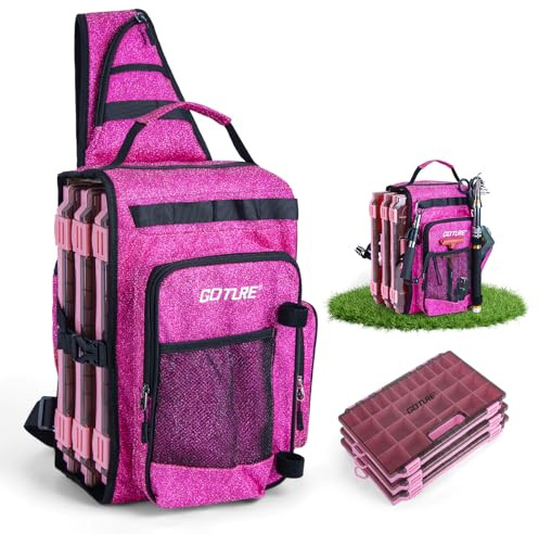 Goture OpenSide Tactical Sling Tackle Bag with 3 Tackle Trays, Lightweight Fishing Backpack Storge Fishing Gear -Shimmering Pink Bag Outdoor,Gift for women