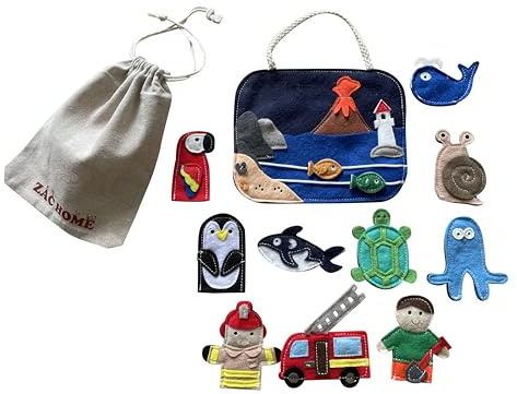 ZAC HOME Little Sea Snail Ocean Animals with Whale, Turtle, Shark Finger Puppets – Felt Story Set with Sea Creatures & Travel Bag