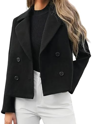 Generisch Kurze Wollmäntel für Damen Cabanjacke aus Wollmischung mit Revers zweireihiger Blazer