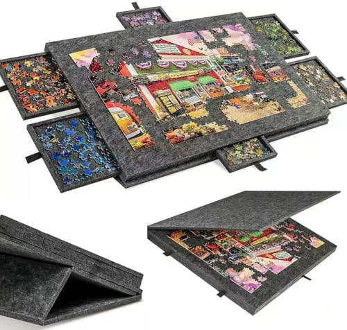 Tablero de Rompecabezas con 6 cajones y Cubierta, hasta 1500 Piezas, Tablero de Rompecabezas de Fieltro portátil liviano con Soporte Ajustable, para Adultos y niños Dark Grey 1500 Pieces
