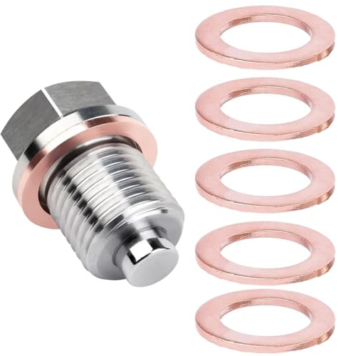 YAYNO Tappo di Scarico Dell'olio Magnetico M14 x 1,5 con 5 Guarnizione in Rame,Dado Di Scarico Della Coppa Magnetica,Tappo Vite Dell'olio Acciaio Inossidabile per Auto, Barche e Motociclette