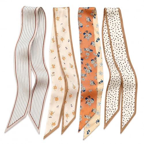 GHKJOK Skinny Scarf Set in Floral Stripes Polka Dots - 4-Piece Slim Hair Head Bandana Neckerchief for Women, Versatile Ribbon Styling Accessories, Lightweight Spring Summer Gift