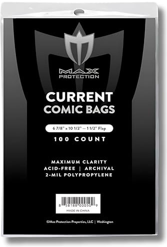 Max Protection Max Pro Current Comic Bags 300ct - Archival Quality Acid-Free Storage for Comic Books - Crystal Clear 2 mil Polypropylene - 6-7/8x10-1/2 Protection - 3 Packs of 100 Bags