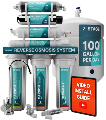 US Aqua Platinum Series Deluxe - Purificador de ósmosis inversa para debajo del fregadero, sistema de filtro de agua potable, medidor PPM y DVD de instalación (alcalino de 7 etapas y UV, sin bomba)
