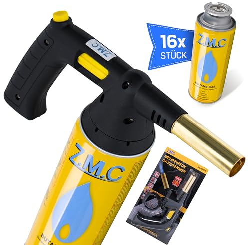 Z.M.C Quemador de gas 1,5 kW + 16 cartuchos de gas de 227 g, quemador de hasta 1300 °C, quemador Bunsen, quemador de soldadura crema Brulee, quemador de cocina con llama ajustable