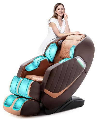 HealthRelife Massagesessel für den ganzen Körper Intelligenter Massagestuhl Zero Gravity 3D-Robotische Hände mit SL-Schiene Relaxsessel Bluetooth-Lautsprecher Braun