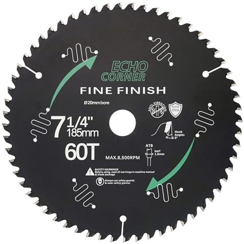 Echo Corner 185mm x 60T x 20mm Bore Circular Saw Blade, Fine Finish Fine Cut Wood MDF Plastic Laminate, Non-stick Coating, Compatible with 185x20 Evolution Bosch Makita