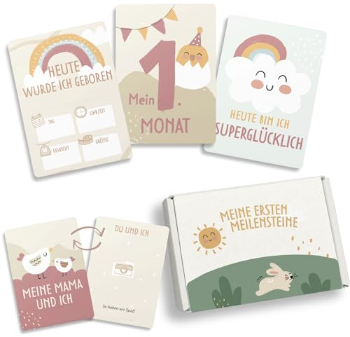 HuBorns - Meilensteinkarten Baby zur Erinnerung an Besondere Momente, 46 Baby Meilensteinkarten Einzigartige und Wunderschön Gestaltet, Baby Monatskarten Ideal für Babygeschenke (Deutsch)